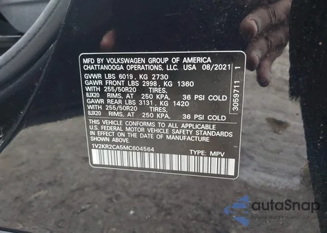 2021 Volkswagen Atlas 3.6L V6 Se W/Technology из США, поврежденный, VIN 1V2KR2CA5MC604564